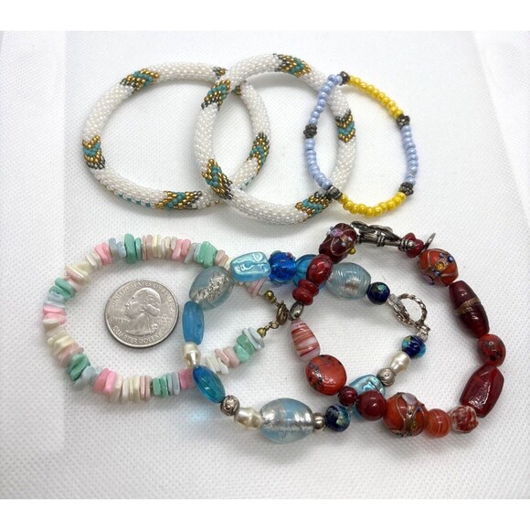 Vintage Lot of‎ 6 Beaded Bracelet Art Glass Seed Bead Shell Flower Heart Stretch - Picture 6 of 11